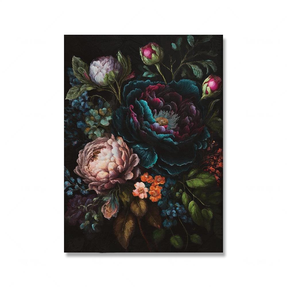 Light Dark Floral Vintage Oil Painting on Canvas Poster Still Life Botanical Floral Fauna Print Gallery Wall Art Picture Decor