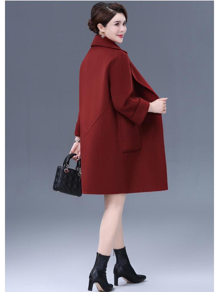 Mom's Stylish Mid-Length Double-Faced Cashmere Wool Coat for Autumn & Winter - High-End, Loose Fit for Middle-Aged Women