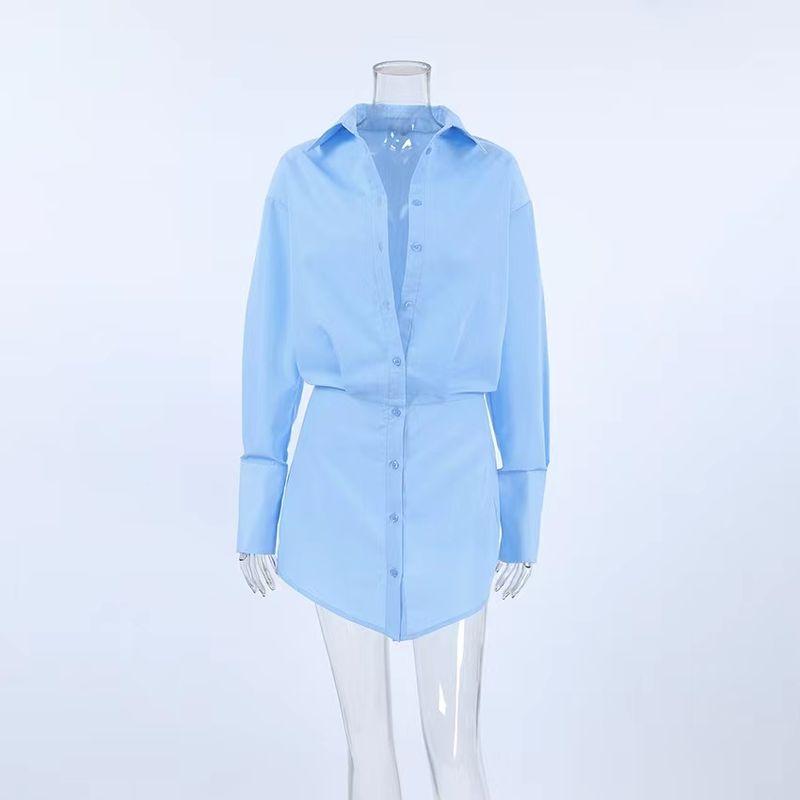 

Fashion Blue Loose-Fitting Lapel Shirt Sleeve Sheath Silm Dress Flip Collar Shirt Dress Blue L