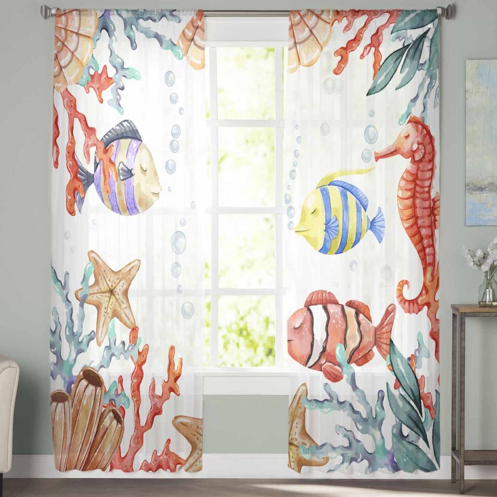 Marine Seabed Coral Starfish Shellfish Seahorses Bedroom Curtains Tulle Sheer Curtain Living Room Home Decor Voile Drapes