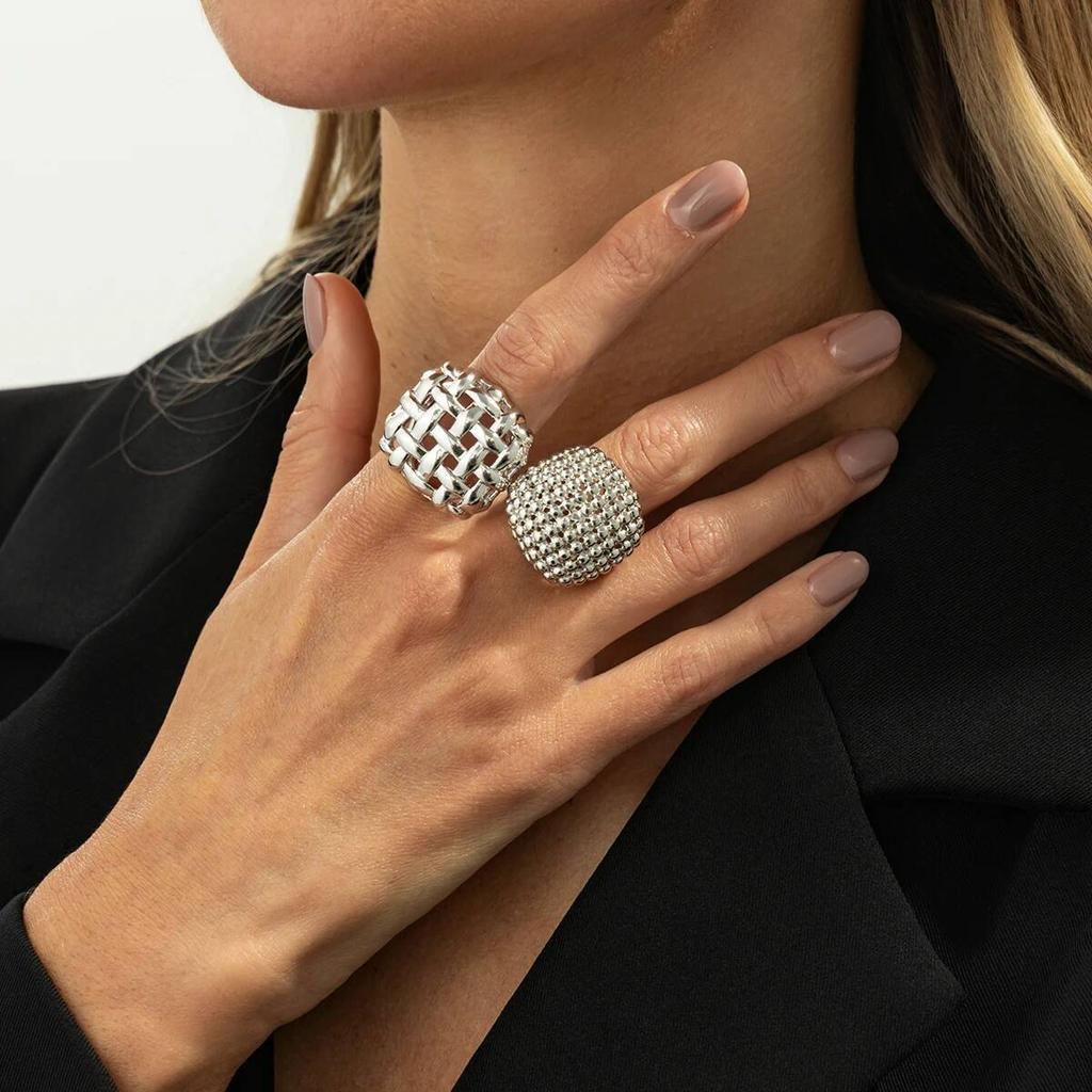 Salircon 2 Pcs/Set Fashion Metal Weave Geometric Hollow Rings Women Vintage Simple Classic Party Couple Jewelry Gift Accessories
