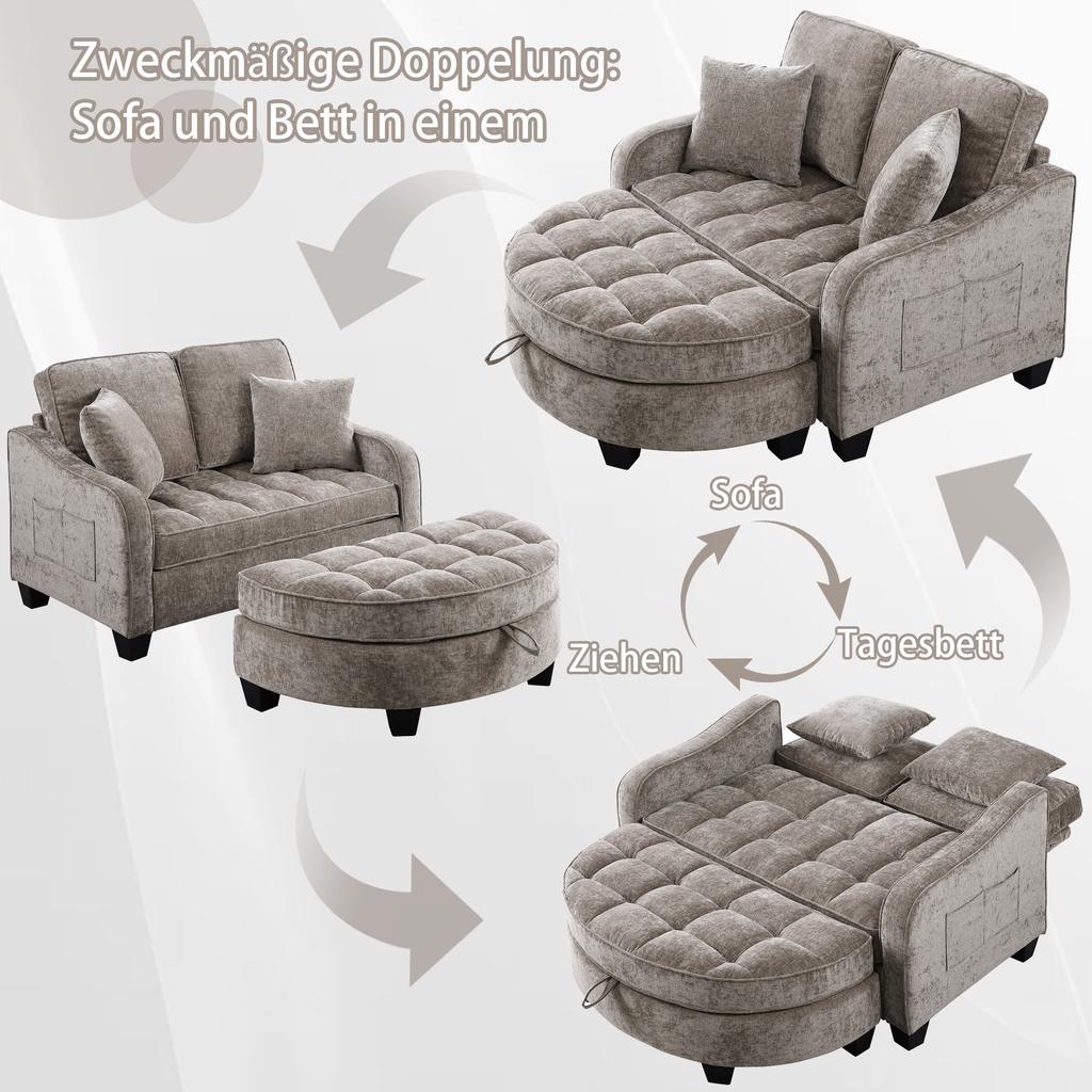 Multifunctionele Bank, 2-in-1 Slaapbank, Opberg Poef, Ademende Stof, Milieuvriendelijk Eucalyptus Hout, Kleine Woonkamer, Studeerkamer, Slaapkamer, Bruin