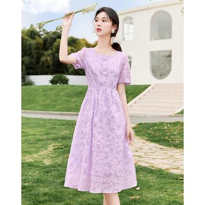 Sishui Nianhua Elegantes Damen-Midi-Kleid mit kurzen Ärmeln in A-Linie