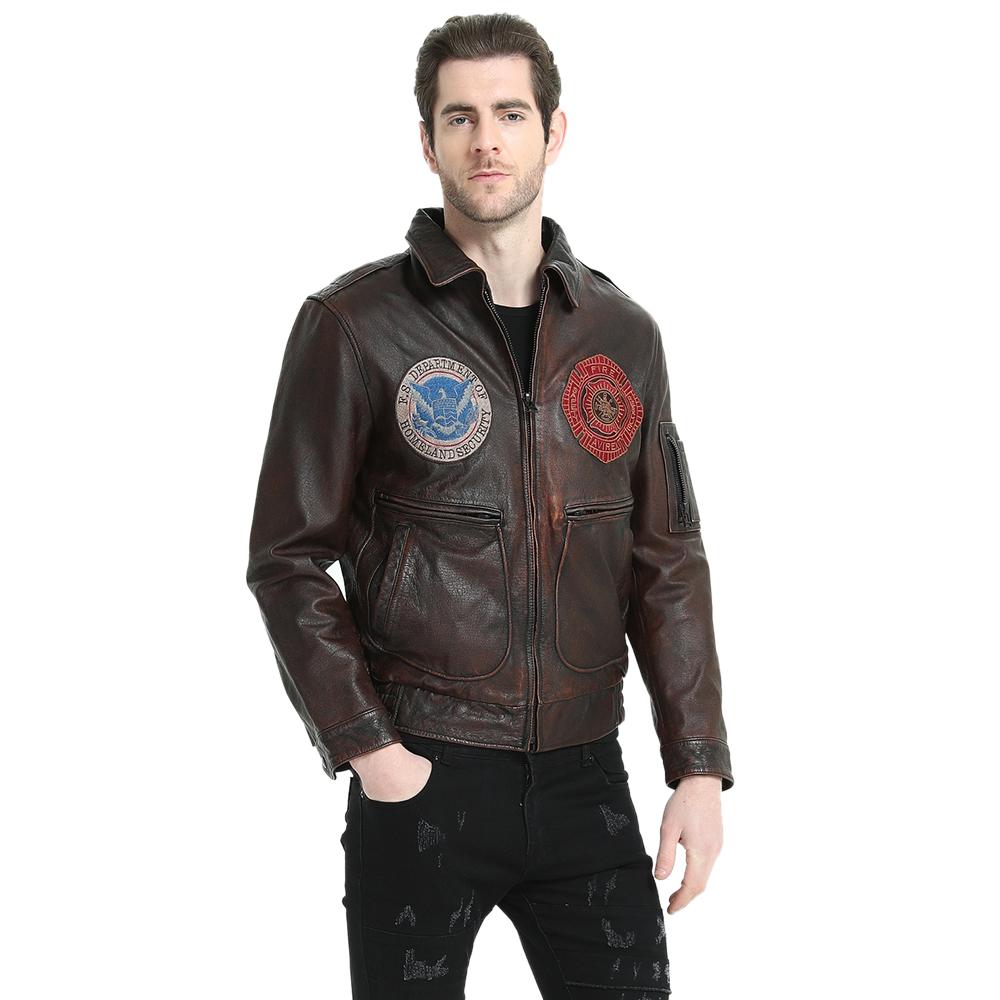 

Китайский размер винтажная состаренная мужская кожаная куртка с принтом из толстой 100% натуральной телячьей кожи Force Flight Jackets Aviator Leather Coat Autumn L тёмно-рыжий