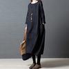 Cotton Linen Long Solid Color Round Neck Fashion for and Plus Size Dress [JINJUDUO] Loose-fitting Dress, Spring, Summer, Fall, (Black, M)