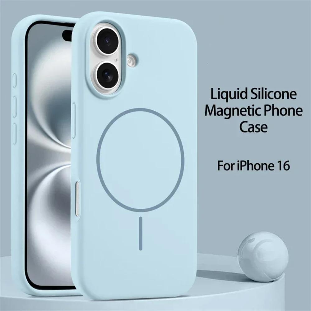 

Мягкий Магнитный Чехол из Жидкого Силикона для iPhone 17 16 15 14 Plus 13 12 Pro Max Для Беспроводной Зарядки Magsafe Ощущение Кожи Полное Покрытие iPhone Air небесно-голубой