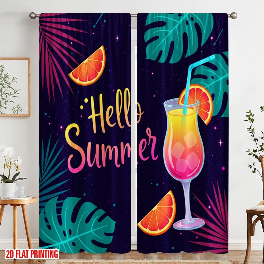 2pcs 2D Flat Printing Curtain Hello Summer Tropical Drink Polyester Without Electricity Festive Wall Decor Use for Classroom