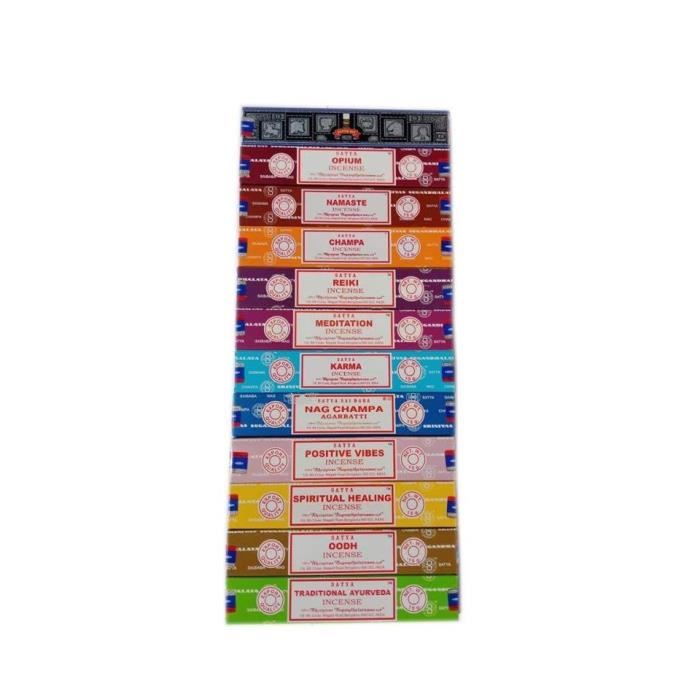 Satya Nag Champa set di incenso 12x15 grammi comprende: Nag Champa, Super Hit, Oodh, Vibrazioni Positive, Namaste, Champa, Oppio, Reiki, la
