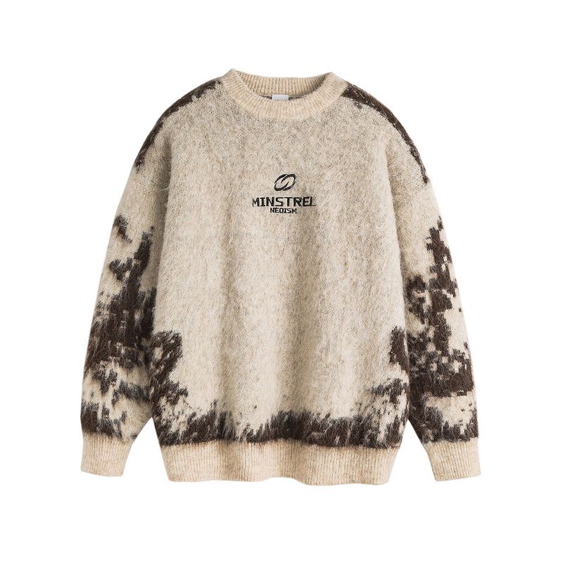 Men's American Retro Round-Neck Sweater with Contrasting Lettering, Men's Autumn and Winter Lazy Style Melard Couple's Knitwear