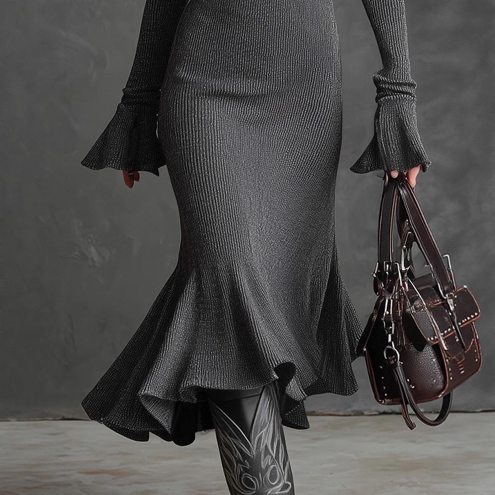 2025 Autumn European & American Elegant Zipper Lapel Bell Sleeve Knit Fishtail Skirt