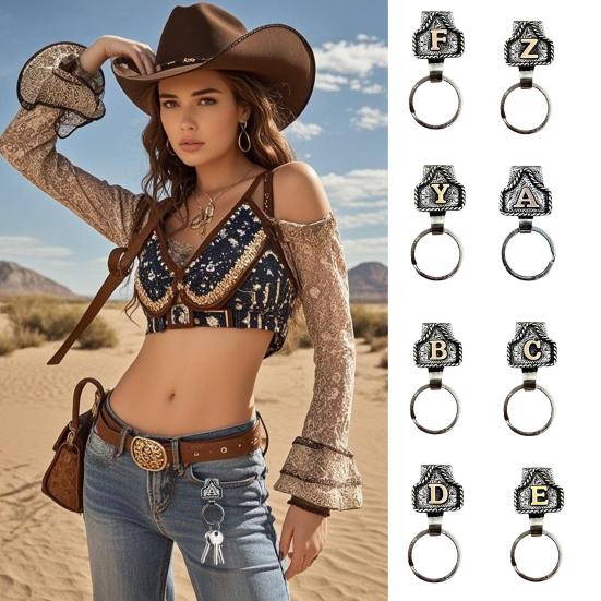 Western Cowboy Letter Keychain Vintage Initial A-Z Key Clip Metal Key Chain Belt Keyring Denim Style Accessory