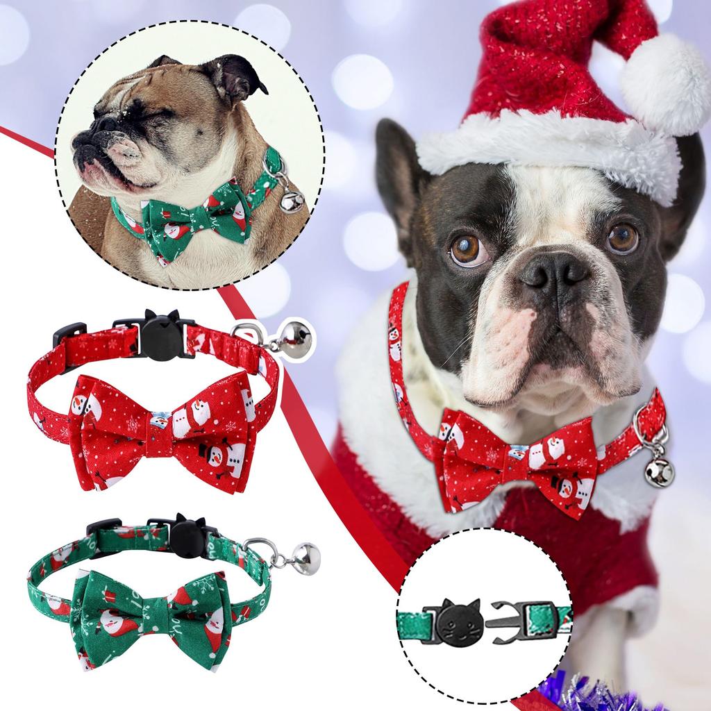 Pet Christmas Theme Print Collar With Removable Bow Tie And Bell Breakaway Buckle Safety For Puppy- Cute Pet Supplies