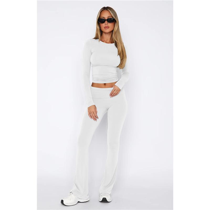 2024 Euro-American Women's Fashion Long Sleeve Pullover & Slim Fit Flared Pants Set