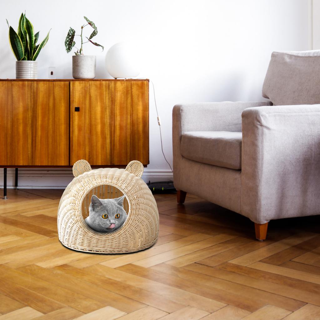 Rattan Woven Cat Bed House Semi-Closed Flat Bottom Cat Nest for Indoor Cat Kitten Hideaway Playing Pet Supplies