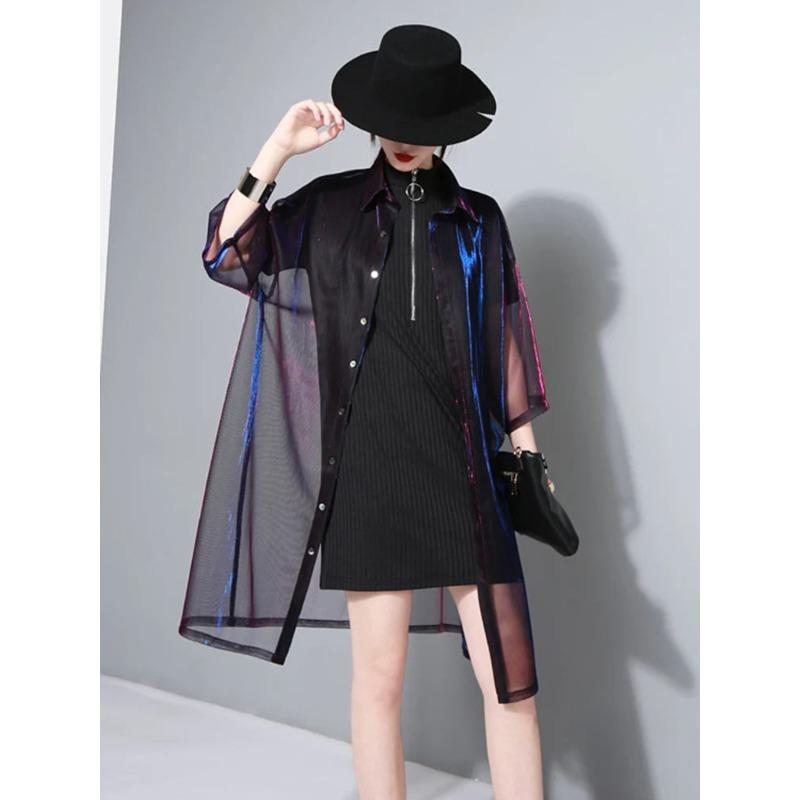 

Women Green Shine Perspective Blouse New Lapel Three-quarter Sleeve Loose Fit Shirt Fashion Tide Spring Summer One Size
