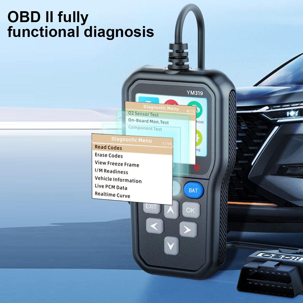 Tester baterií Vícejazyčný systém kontroly motoru YM319 Vymazání/vymazání kódů Čtečka kódů Diagnostický nástroj automobilu OBD2 Skener