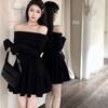 French Temperament One-word Collar A-word Short Skirt Long-sleeved Dress Women's Autumn Clothing Sweet Spice Girl Slim Waist Small Black Dress
