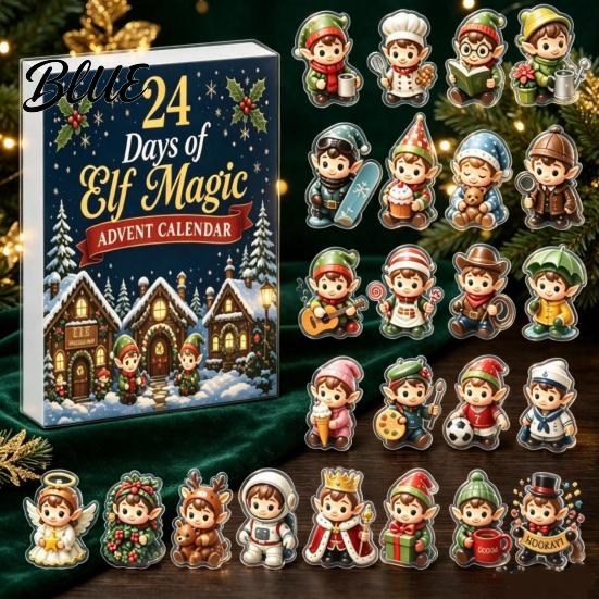 Durable Acrylic Holiday Patches Magic Elf Advent Calendar, 24 Day 2D Ornament Set with Christmas Decorative Hanging Charms Cute Mini Figures,