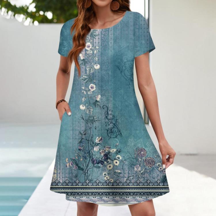 

Women Summer Casual Beach Floral Sundress Short Sleeve Tshirt Dress with Pockets L