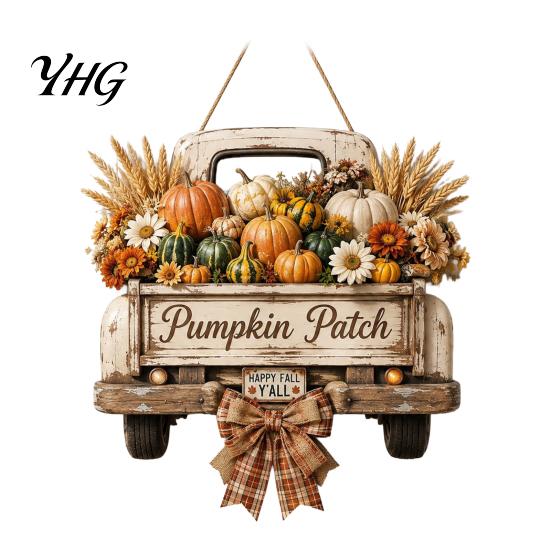 Thanksgiving Farmhouse Wall Decoration Harvest Pumpkin Truck Hanging Sign for Front Door, Wooden Fall Door with Decorative Holiday Plaque Hemp