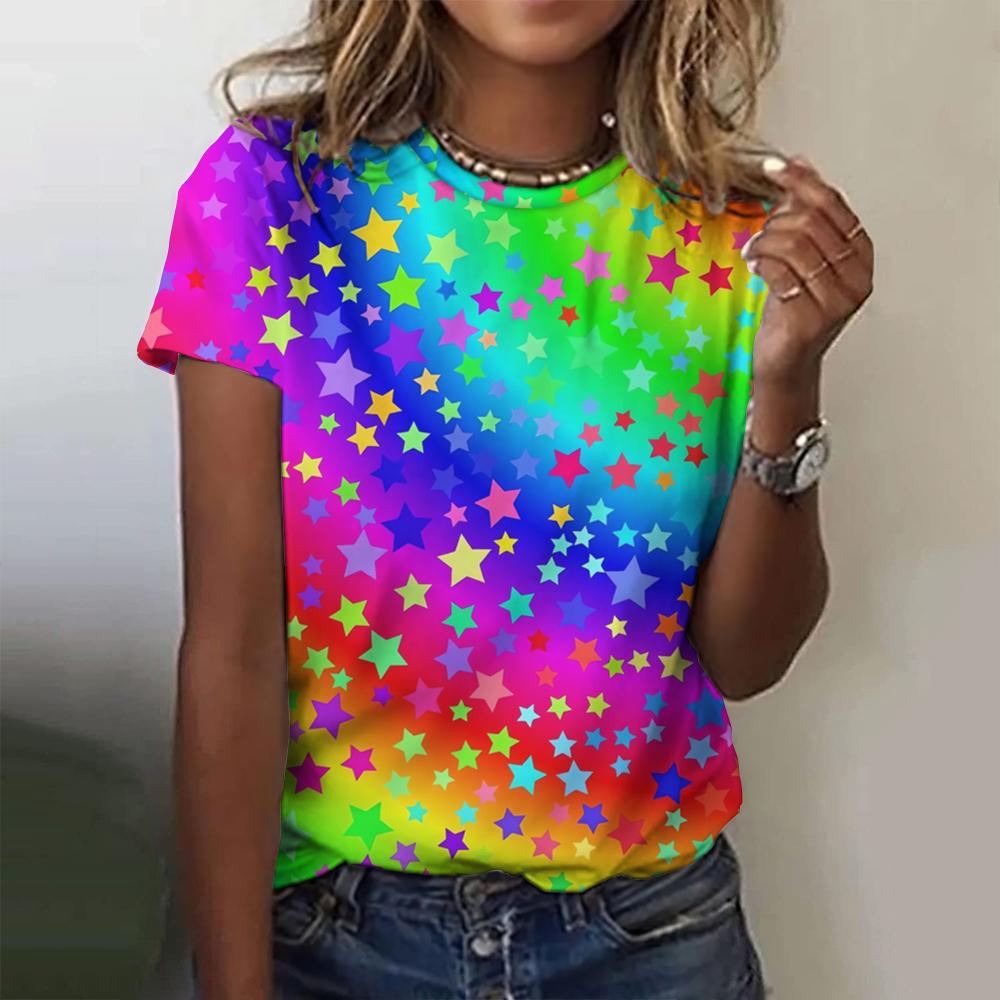 Color Heart Star 3D Print T-Shirts Women Fashion Casual Short Sleeve T Shirt Y2k Harajuku Streetwear Tees Top Female Clothing
