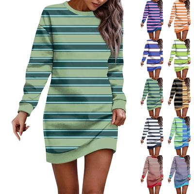 Women's Round Neck Striped Patchwork Printed Long Sleeve Hip Dress Sweatshirt Dresses