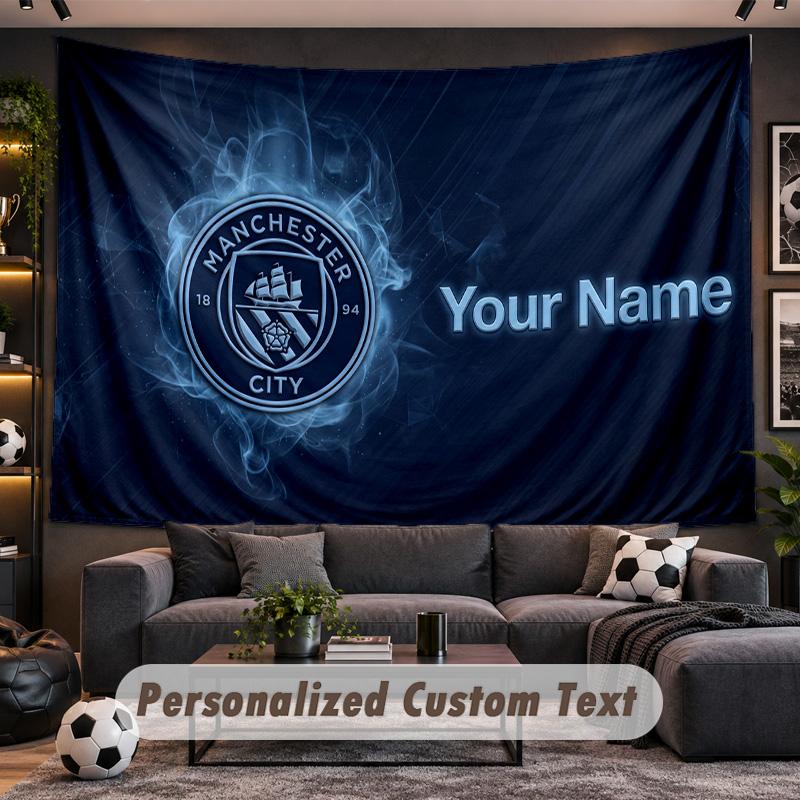 Manchester City Personalized Tapestry Support Custom Name, Wall Art Home Decoration