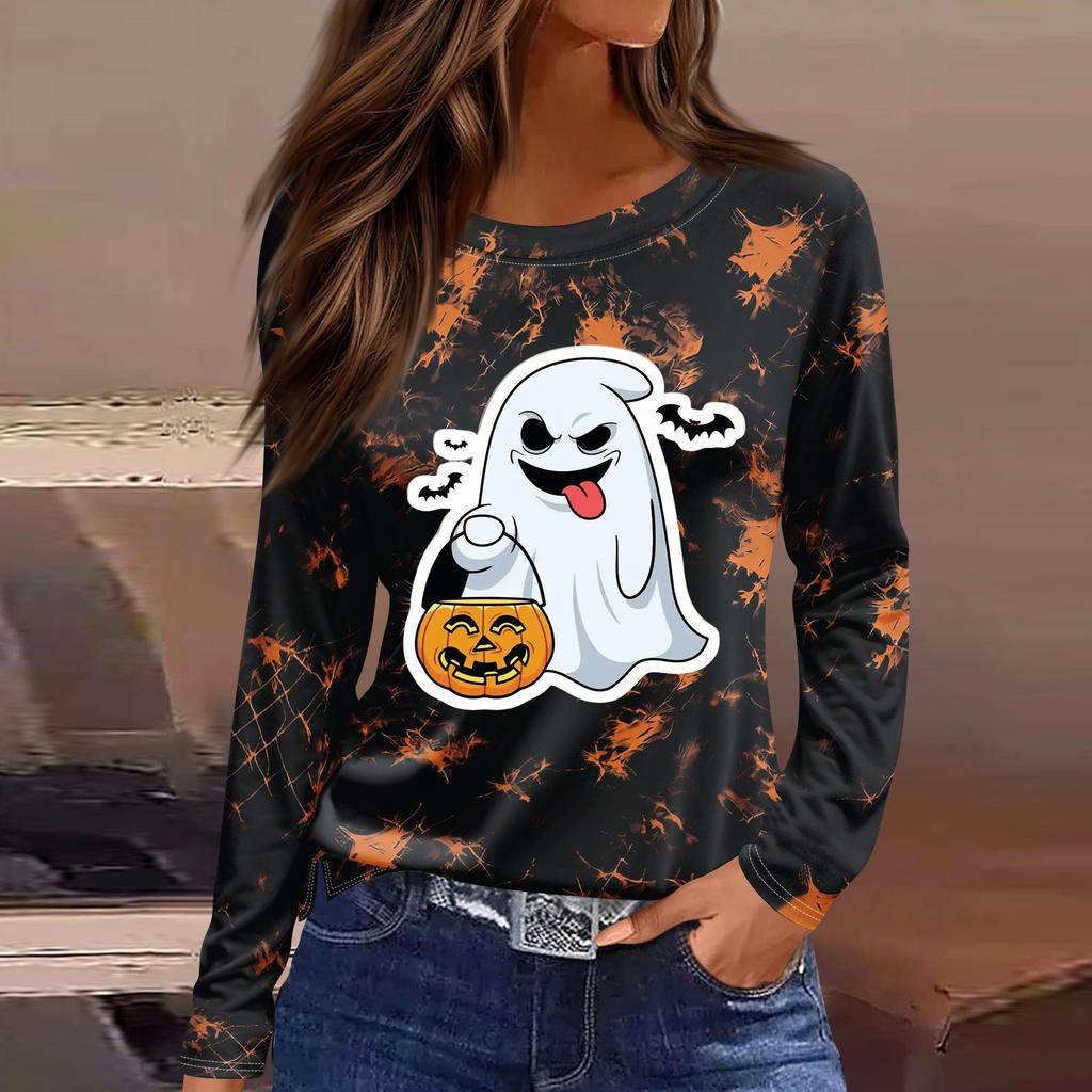 Women's Halloween Print Long Sleeve Top with Side Slits