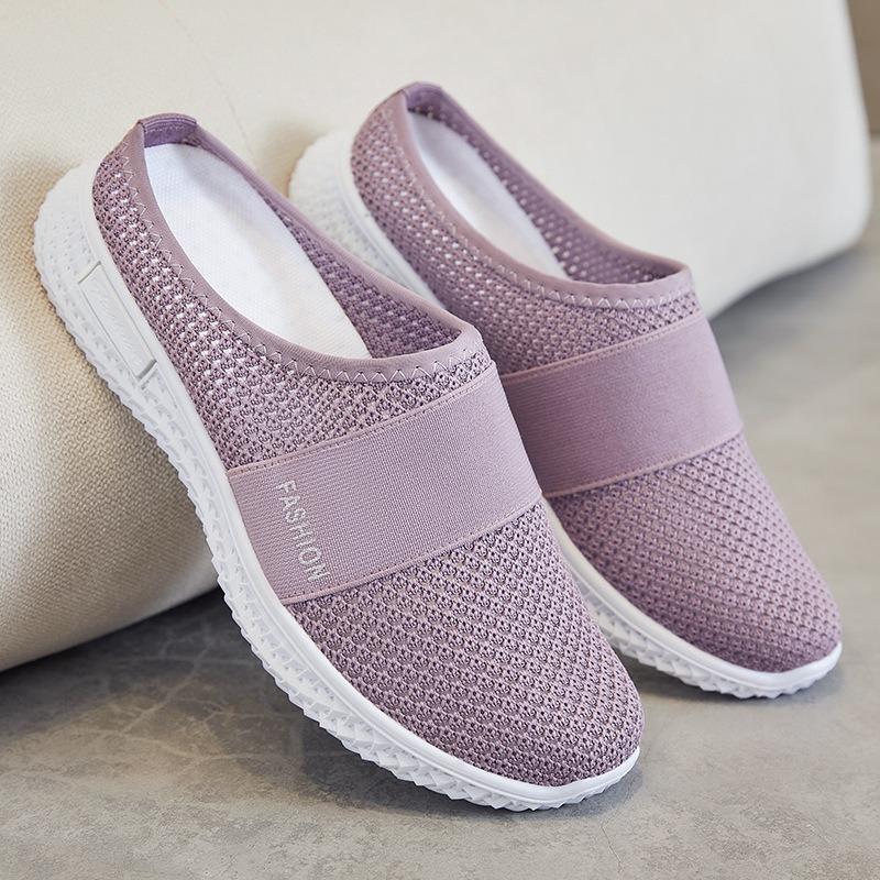 Shoes women's shoes casual shoes flying woven breathable flats bag head half slippers solid color versatile single shoes