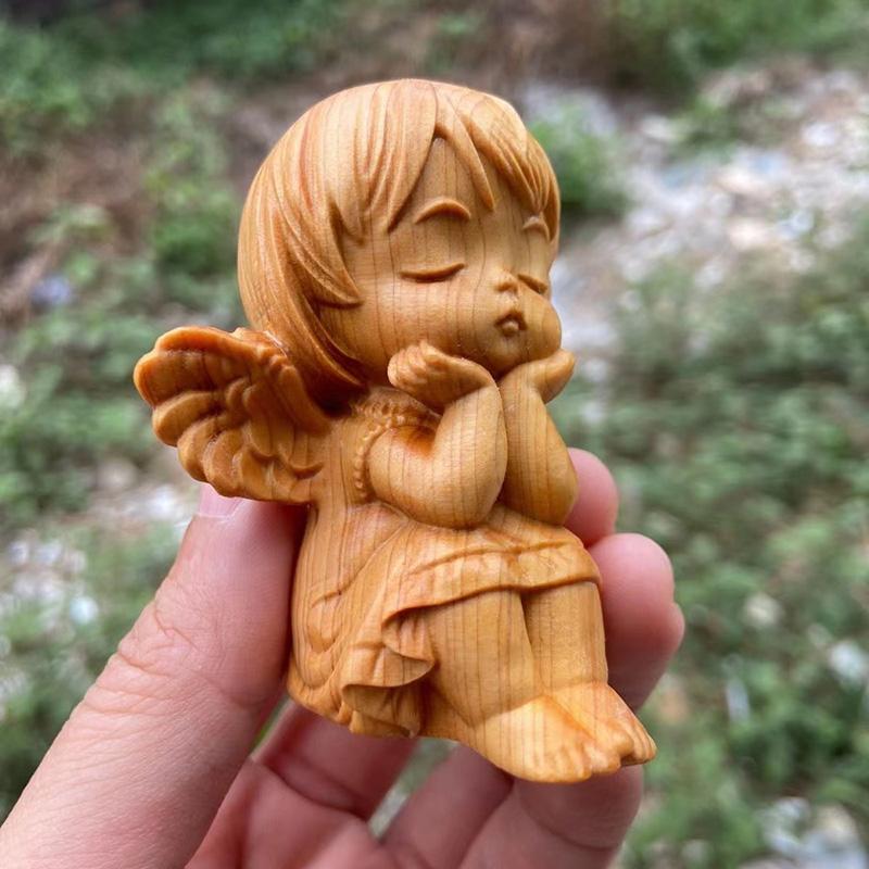 Natural Cypress Little Angel Characters Decorative Statue  Solid Wood Carving Cute Home Room Office Car Art Gift Figurines