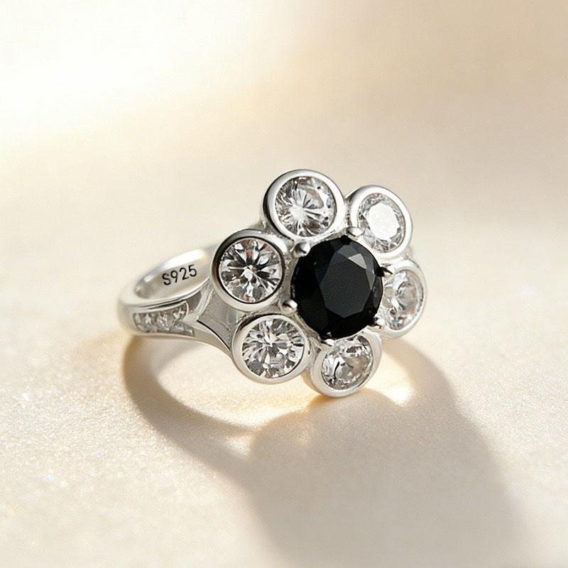 

925 Sterling Silver Rings for Women Couple Minimalist Geometric Black CZ Flower Ring Fine Jewelry Birthday Gift Prevent Allergy resizable