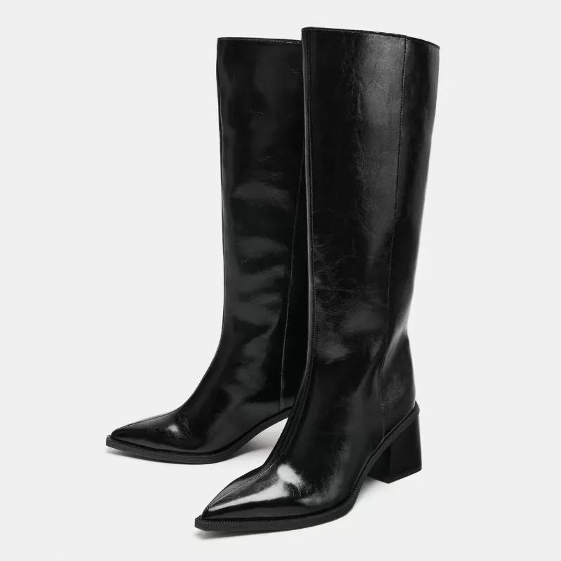 

Sexy Black Pointed Toe Knee Boots Women Fall Winter New Chunky Heel Platform Boots Retro British Style Soft Leather Knight Boots 40 чорний