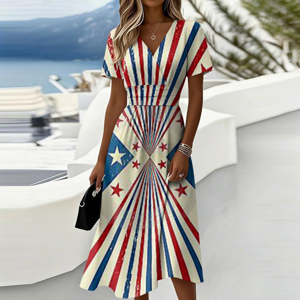Women's Independence Day Print Casual Fashion Short Sleeve V-Neck Dress