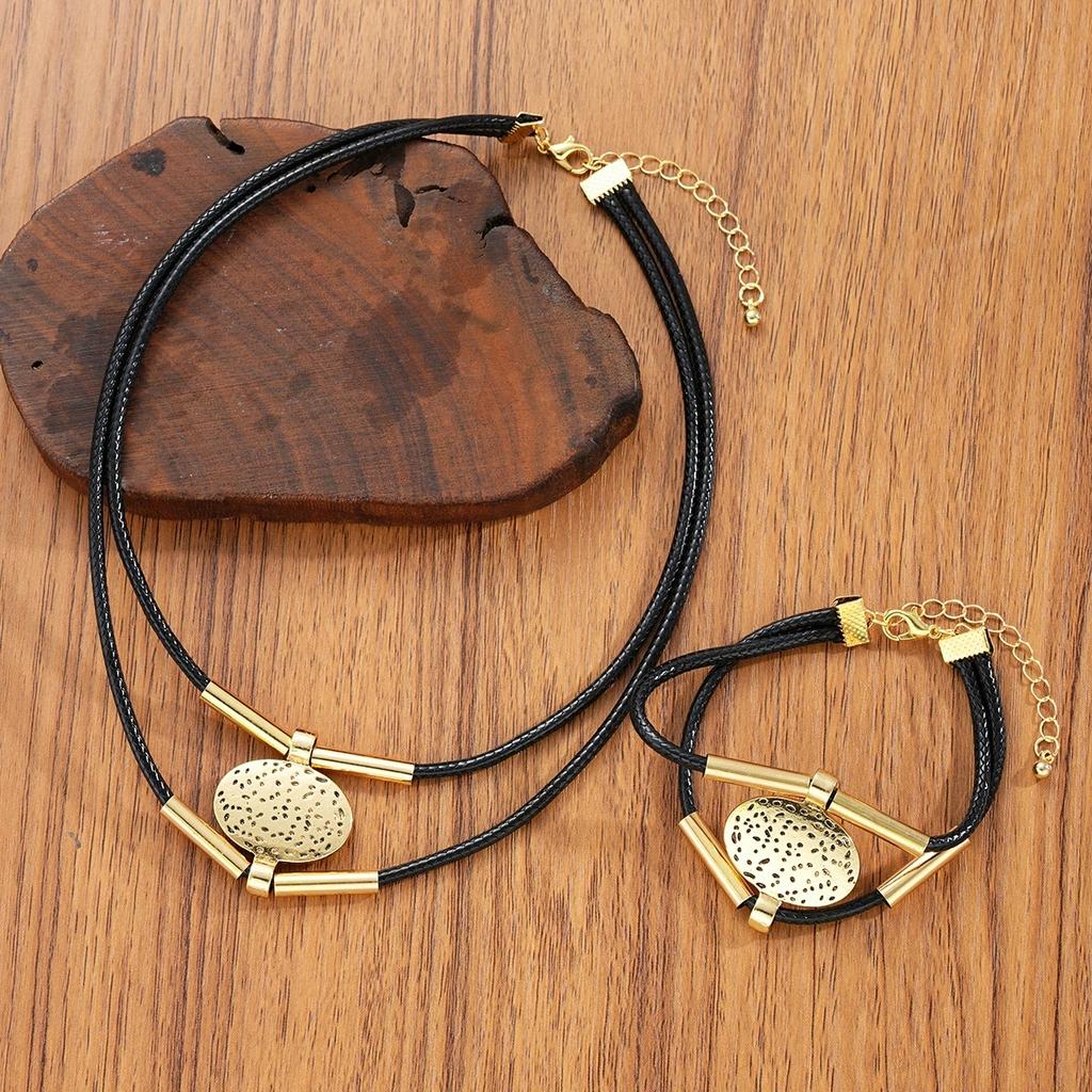 Vintage Oval Metal Leather Necklace Bracelet For Women Fashion Gold Silver Color Double Layered Chain Ethnic Jewelry Set