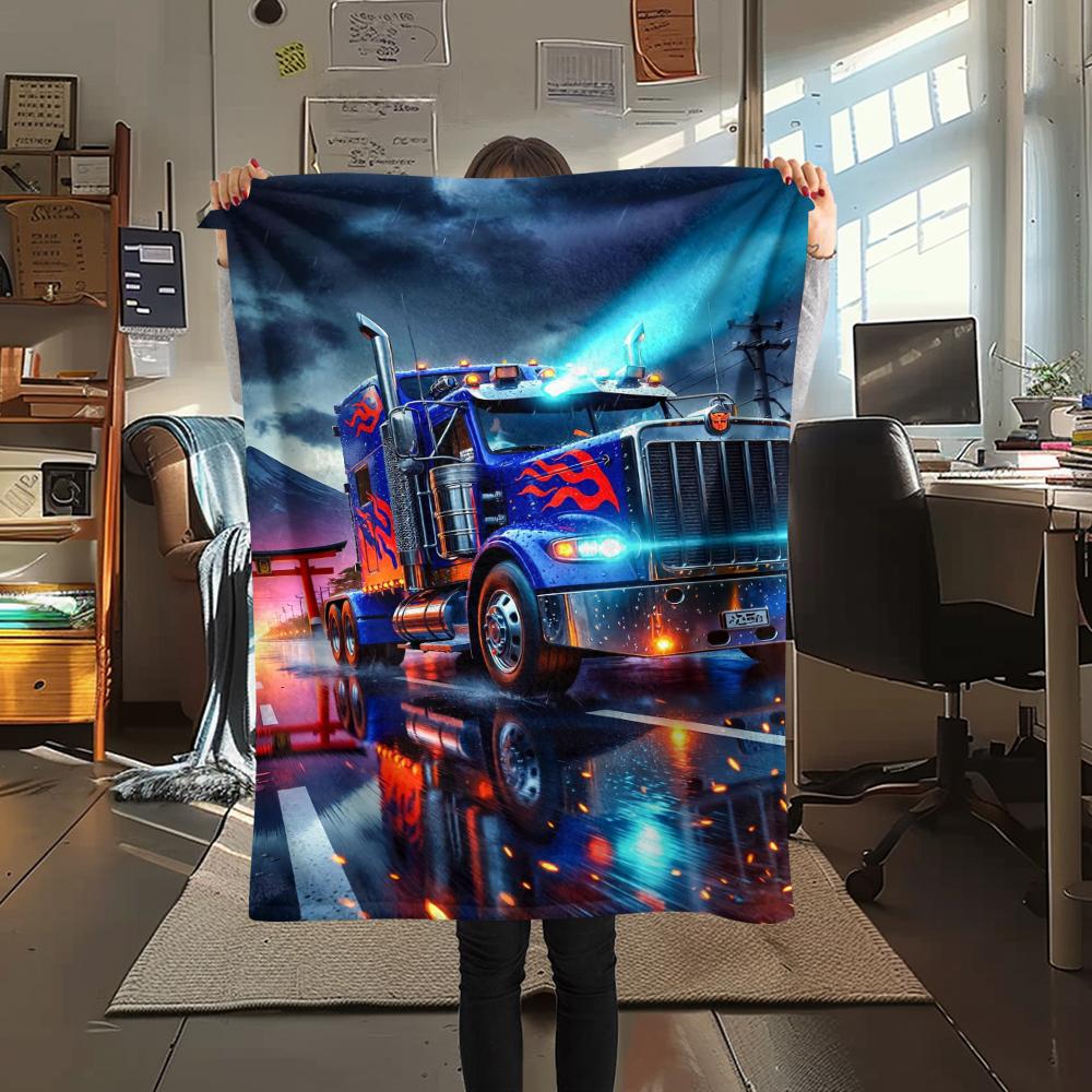 1Pc Truck Print Flannel Blanket, High quality Comfortable for All Seasons, Home Decor, Warmth and Comfort, Perfect for Christmas Gifts