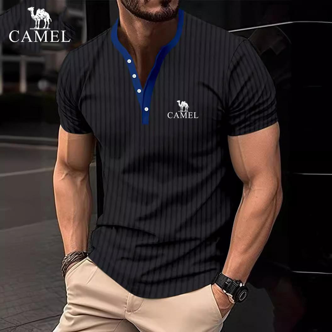 Camel 2024 Summer Men's Solid Color Pit Stripe Casual Button V-neck Slim Fit Embroidered Short Sleeved T-shirt