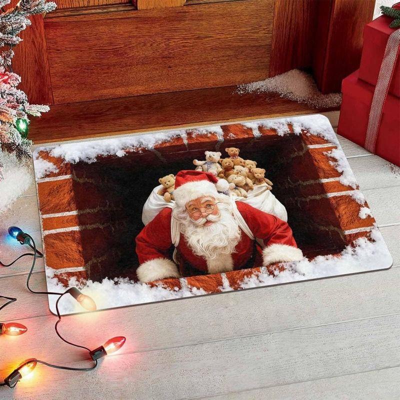 Santa Claus Chimney Doormat Funny Visual Illusion Decorative Floor Mat for Front Door Entryway Indoor Outdoor Holiday Decor