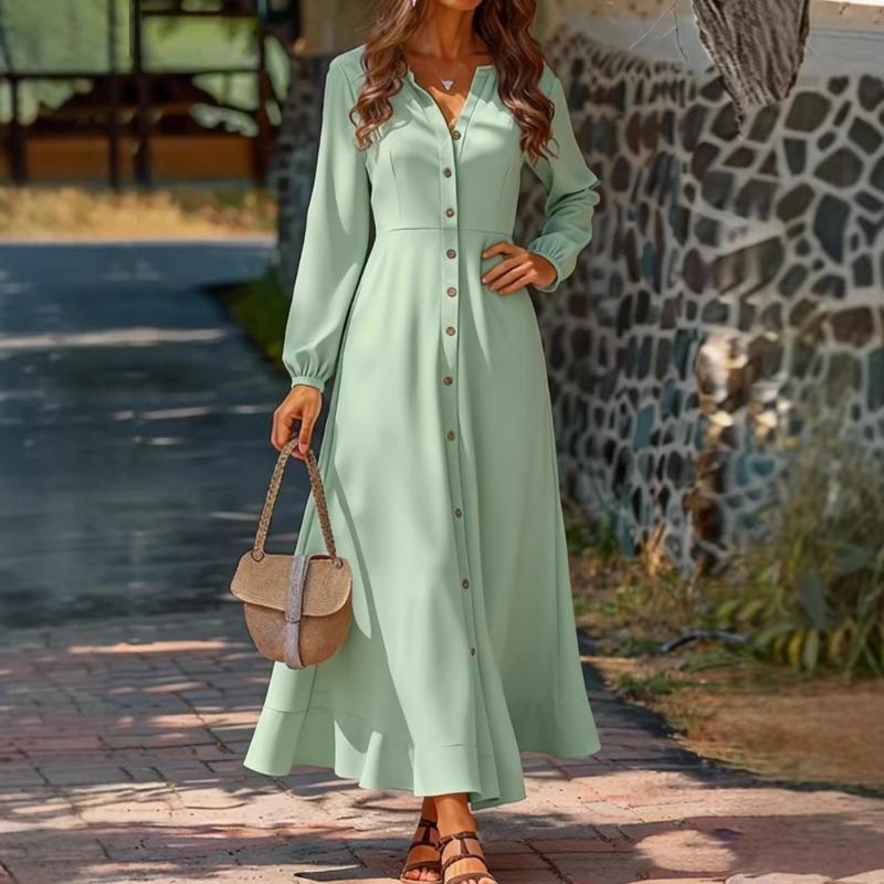 New Women's Casual V-neck Long-sleeved Cardigan Solid Color Women's Dress Long Skirt