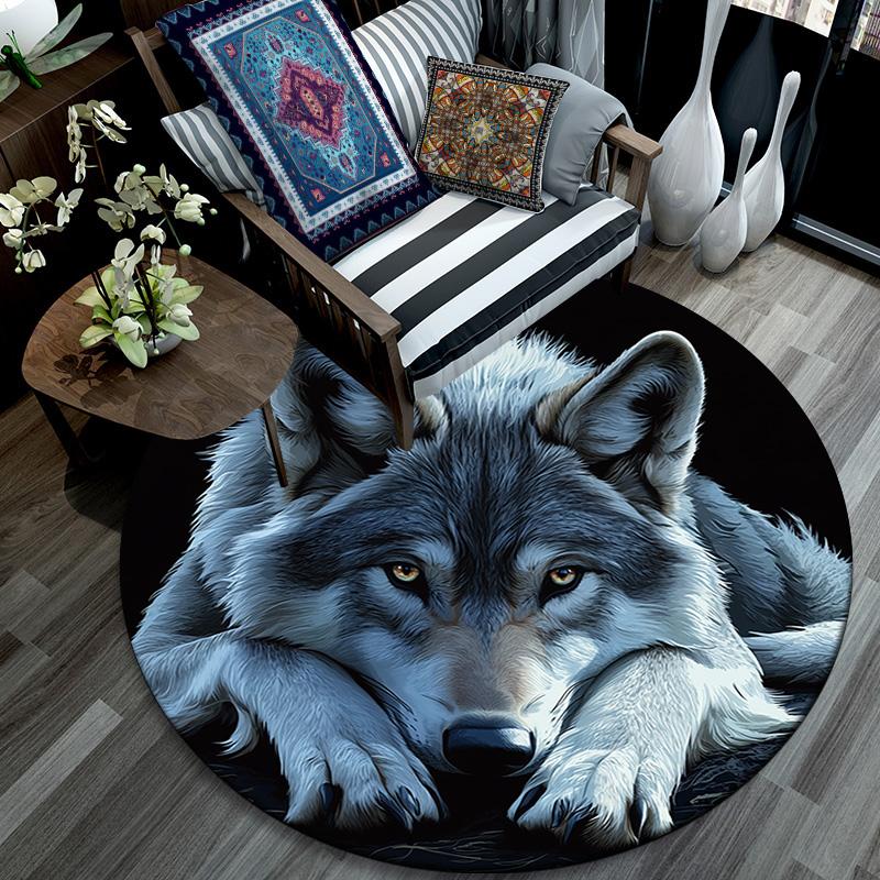 Gray Wolf Round Area Rug,Carpet Rug for Living Room Bedroom Sofa Playroom Decor,Non-slip Floor Mat