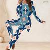 Women Plus Size Round Neck Long Sleeve Geometric Printed Fitted Top Long Pants Two Piece Set