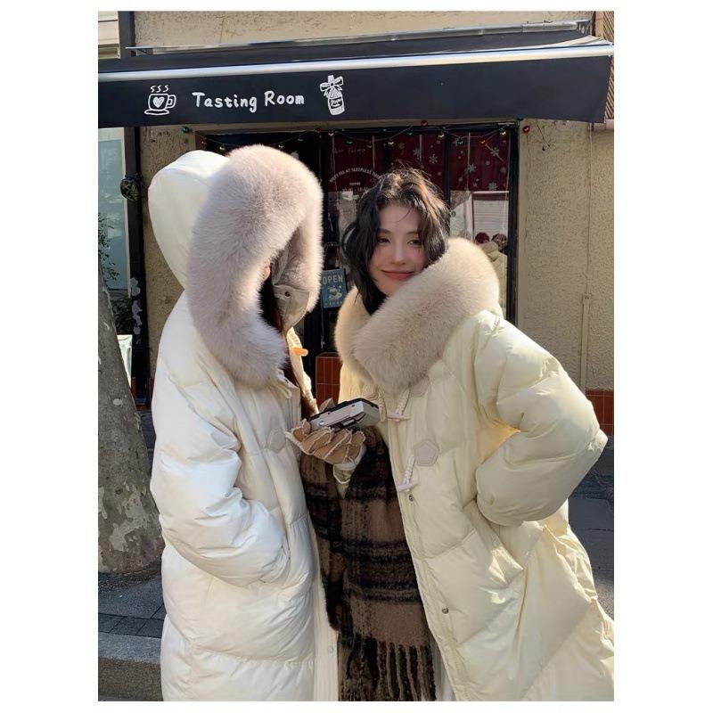 Fur collar down cotton clothes women's medium and long new knee horn buckle design sense fashion thickened winter coat