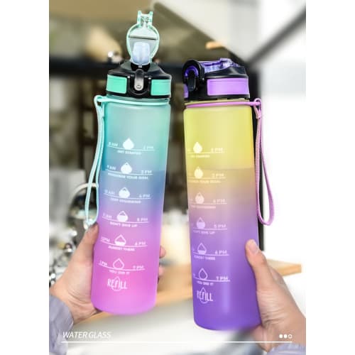 1000ml Water Bottle, Direct Drinking, Straw Bottle with Carry Handle, Large Capacity, One-Touch Gradient, Time Marker, Scale, Stylish, Lightweight, Co