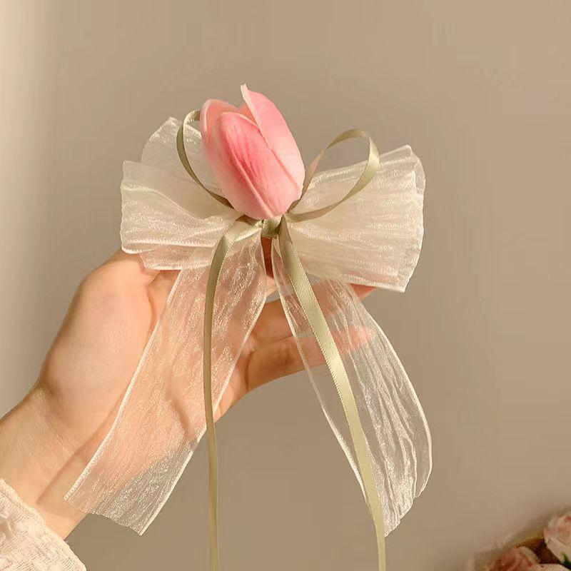 Fashion Sweet Tulip Ribbon Hair Ring For Women Girls Cute Elegant Bowknot Hair Clip Exquisite Tassels Hair Accessories Gifts