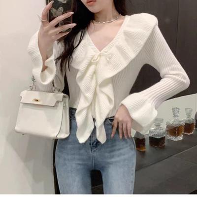 Lotus Leaf Edge Women's Short Knitted Sweater V-neck Slim Fit Solid Color Petal Sleeved Clothing French Lady's Pullover Tops