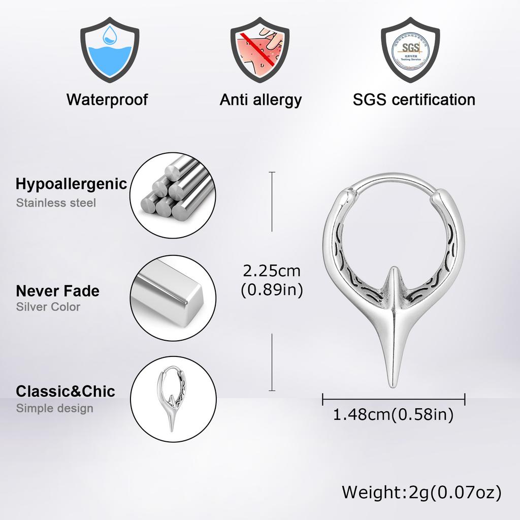 Xiaomi Vnox Stainless Steel Star Huggie Hoop Earrings for Men Boys, 14.8mm Wide 22.5mm High, Punk Silver Color Earring for Pierced Ears
