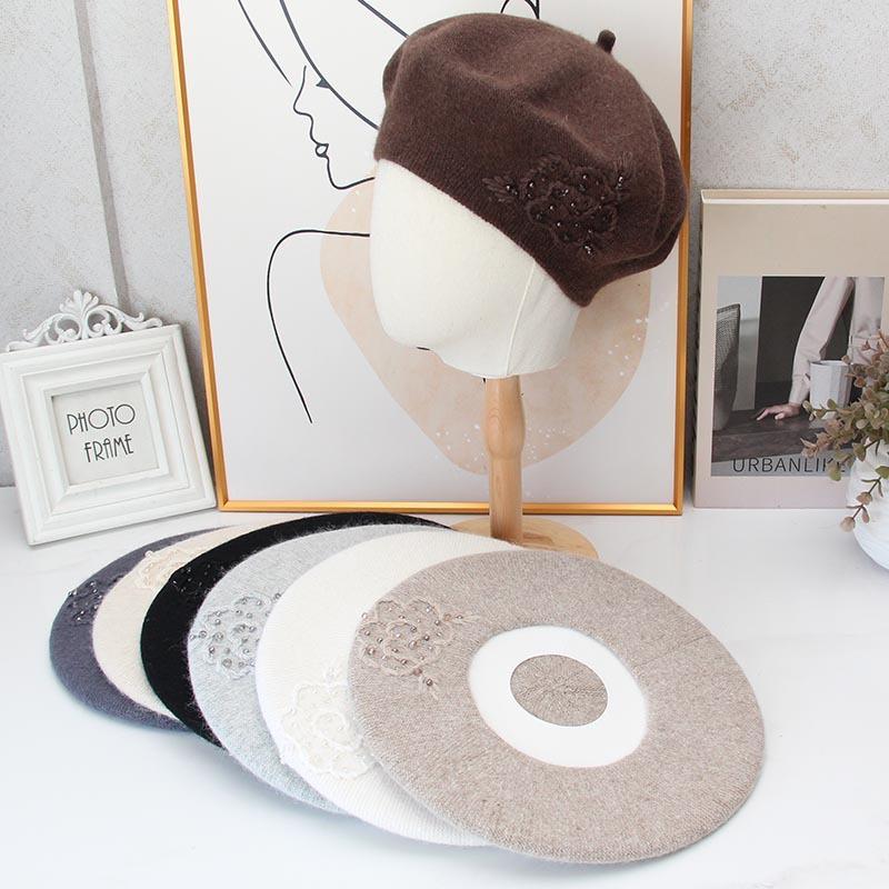 Handmade Beaded Flower Beret Women's Autumn and Winter Rabbit Cashmere Double-layer Knitted Hat Fashionable and Elegant Warm Temperament Thread Hat