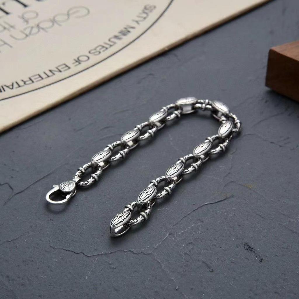 Xiangxu Unisex Silver-Plated Rattan Pattern Bracelet & Ring Set - Trendy Retro Minimalist Korean Hip Hop Style