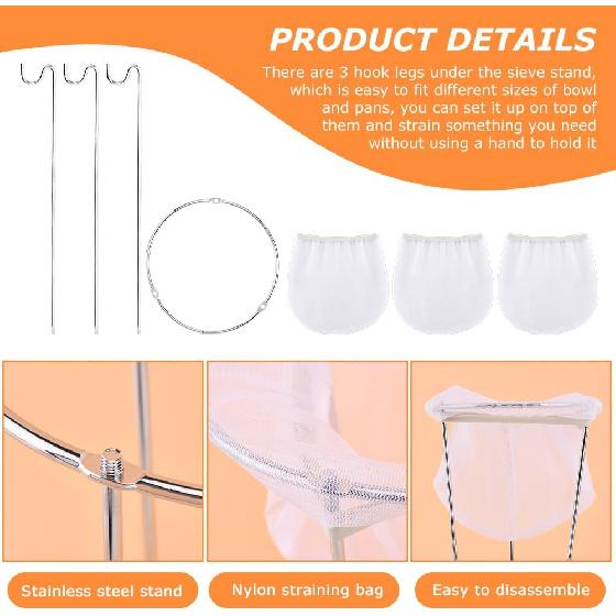 Jelly Strainer Stand with 3 Reble Strainer Bags, Stable Stainless Steel Sieve Stand Reble Food Jelly Filter Bags for Straining Juice Yogurt Cheese
