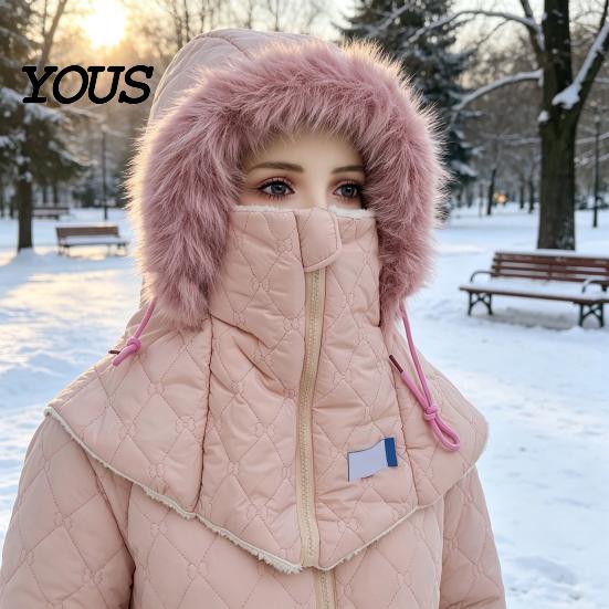 Cold Weather Gear for Women Winter Balaclava Hat, Quilted Face Mask Hood Zipper Closure, Fuzzy Trim, Breathable Cover Cap Fleece Lined, Warm