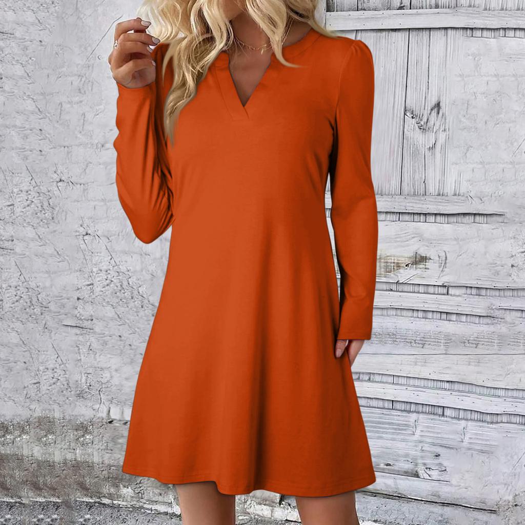 Women's Solid Color Dress Loose V-neck Casual Fashion Long Long Sleeved Dress